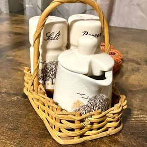 Vintage 5 piece Wicker Basket Set Ceramic Salt Pepper Creamer Jar & Lid Decor